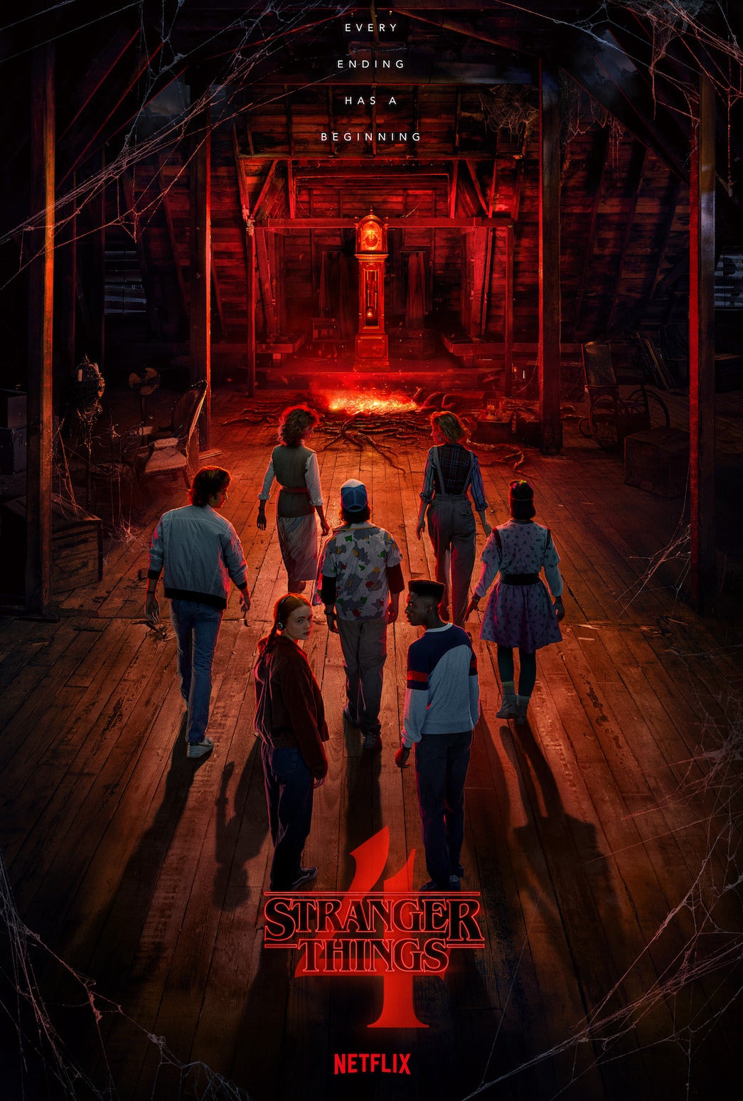 Stranger Things season 4 poster, featuring the cast of characters walking towards a red light