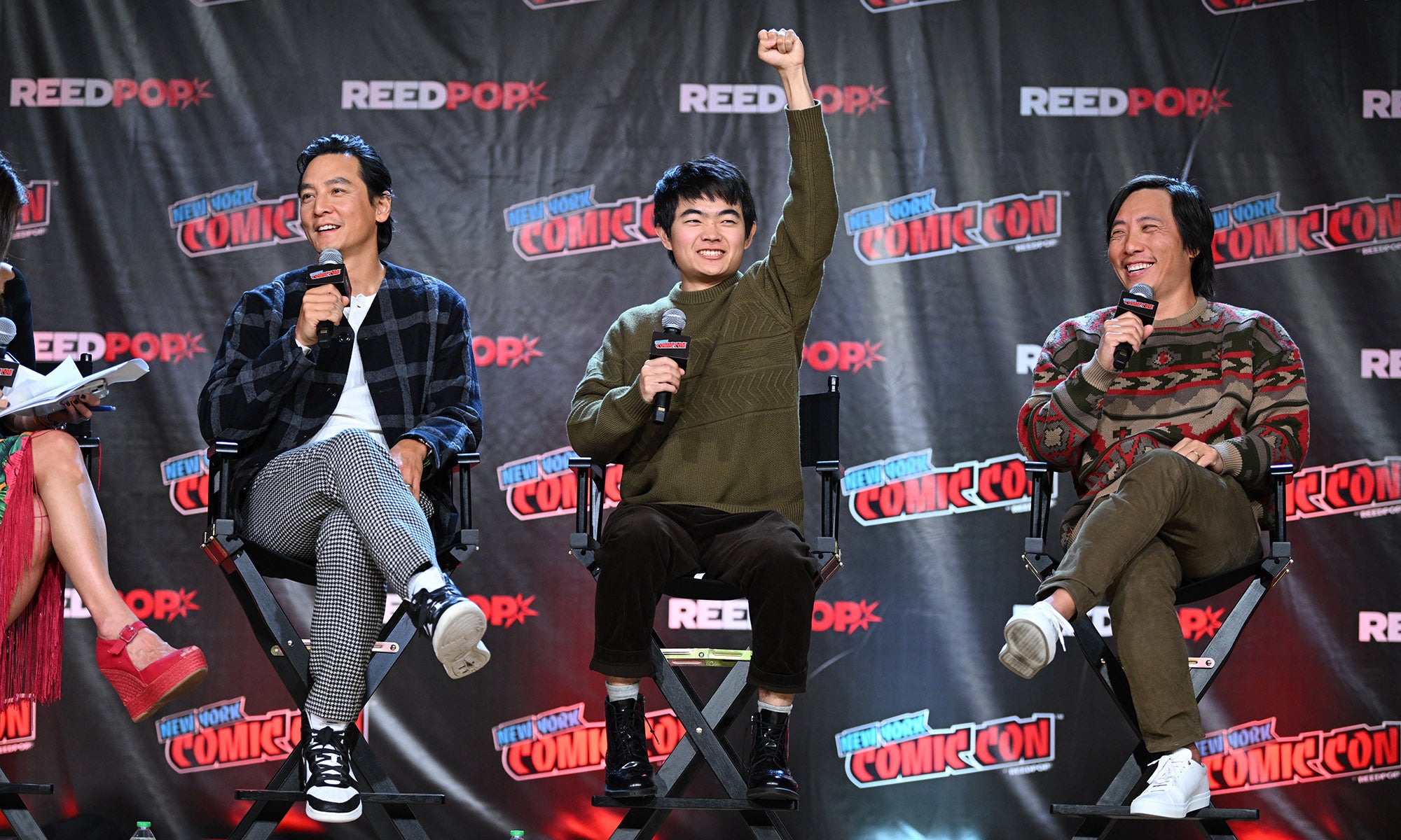 Daniel Wu, Ben Wang, and Kelvin Yu, onstage at New York Comic Con promoting Disney+'s American Born Chinese