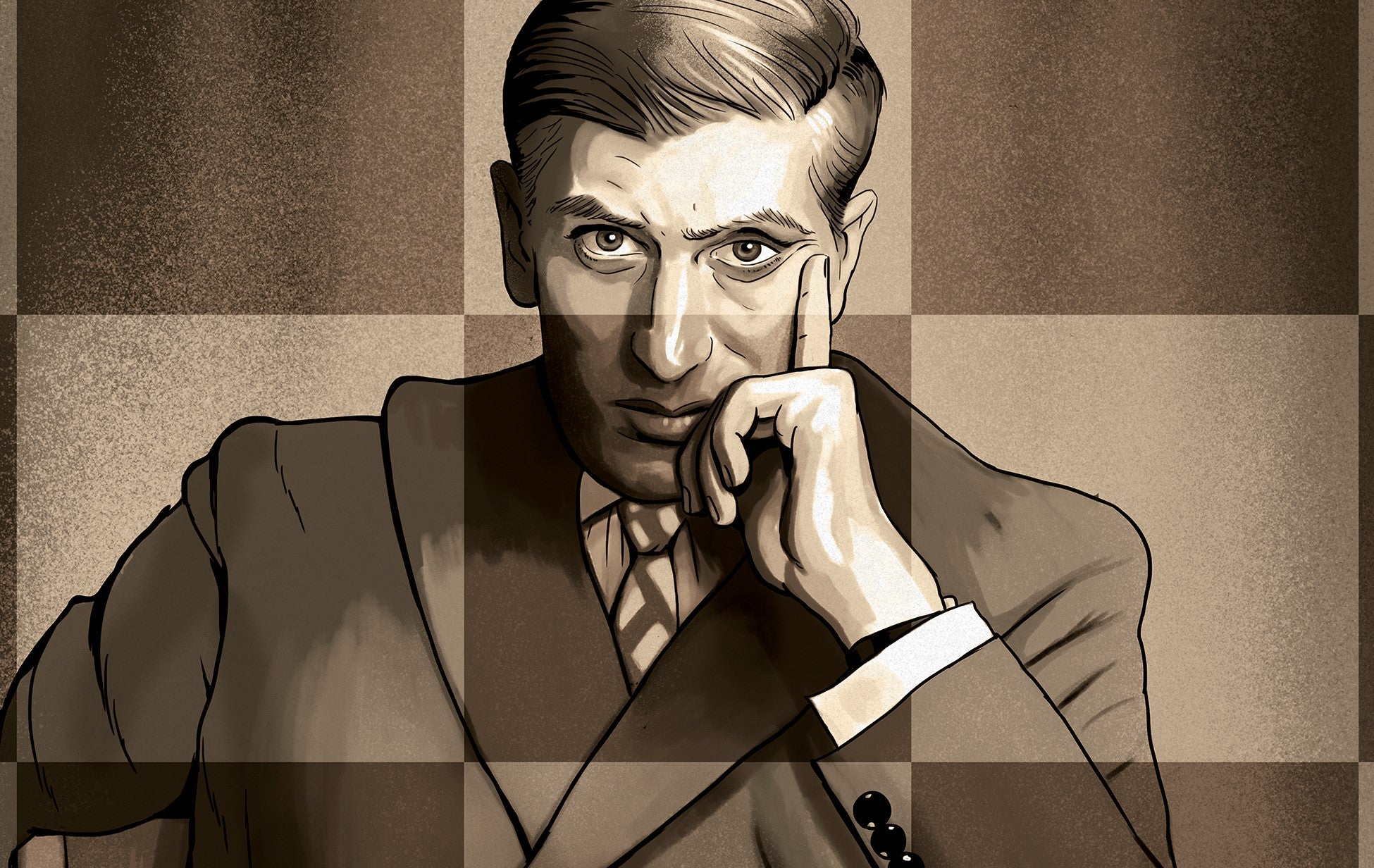 Illustration of Bobby Fisher with a chess board pattern overlaid