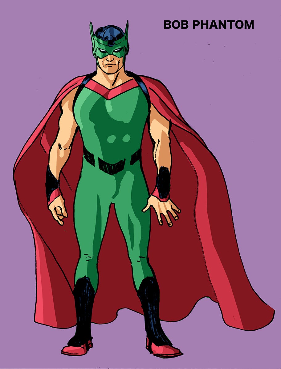 Colored art featuring Bob Phantom wearing a green sleeveless suit and a red cape