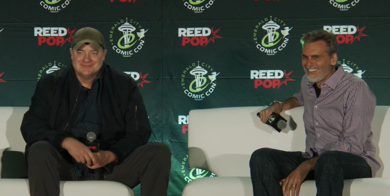 Brendan Fraser and Oded Fehr speaking on a panel at ECCC