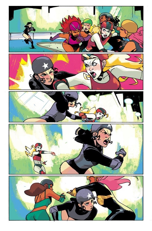 Interior page, of Selina and Harley Quinn playing roller derby