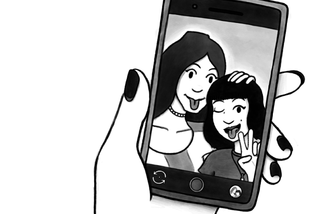 Cropped illustration featuring  hand holding a phone featuring a photo of two people