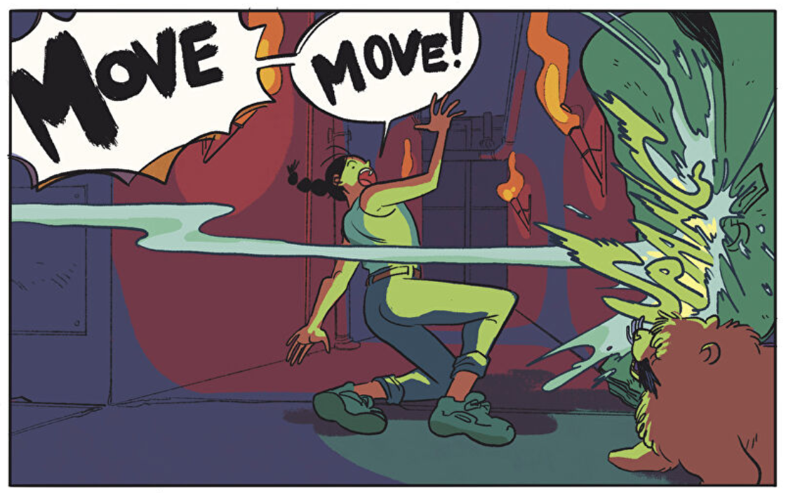 Illustrated comic panel featuring a girl dodging a glowing liquid and yelling "MOVE MOVE!"