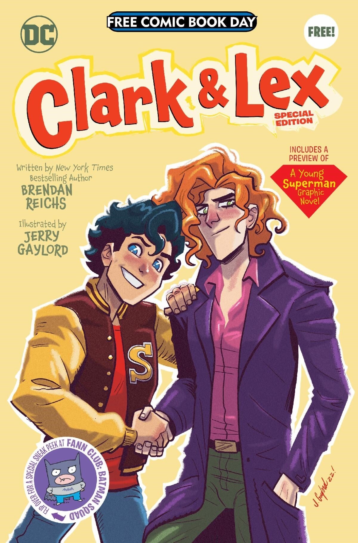 Cover of Free Comic Book Day issue Clark & Lex, featuring a young Clark and Lex shaking hands and smiling