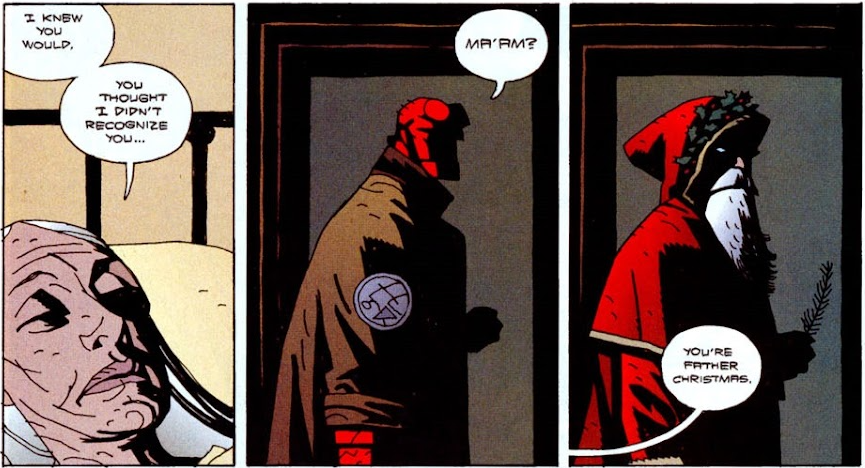 An old woman looking at Hellboy in the doorway, and the third panel shows him looking like Father Christmas