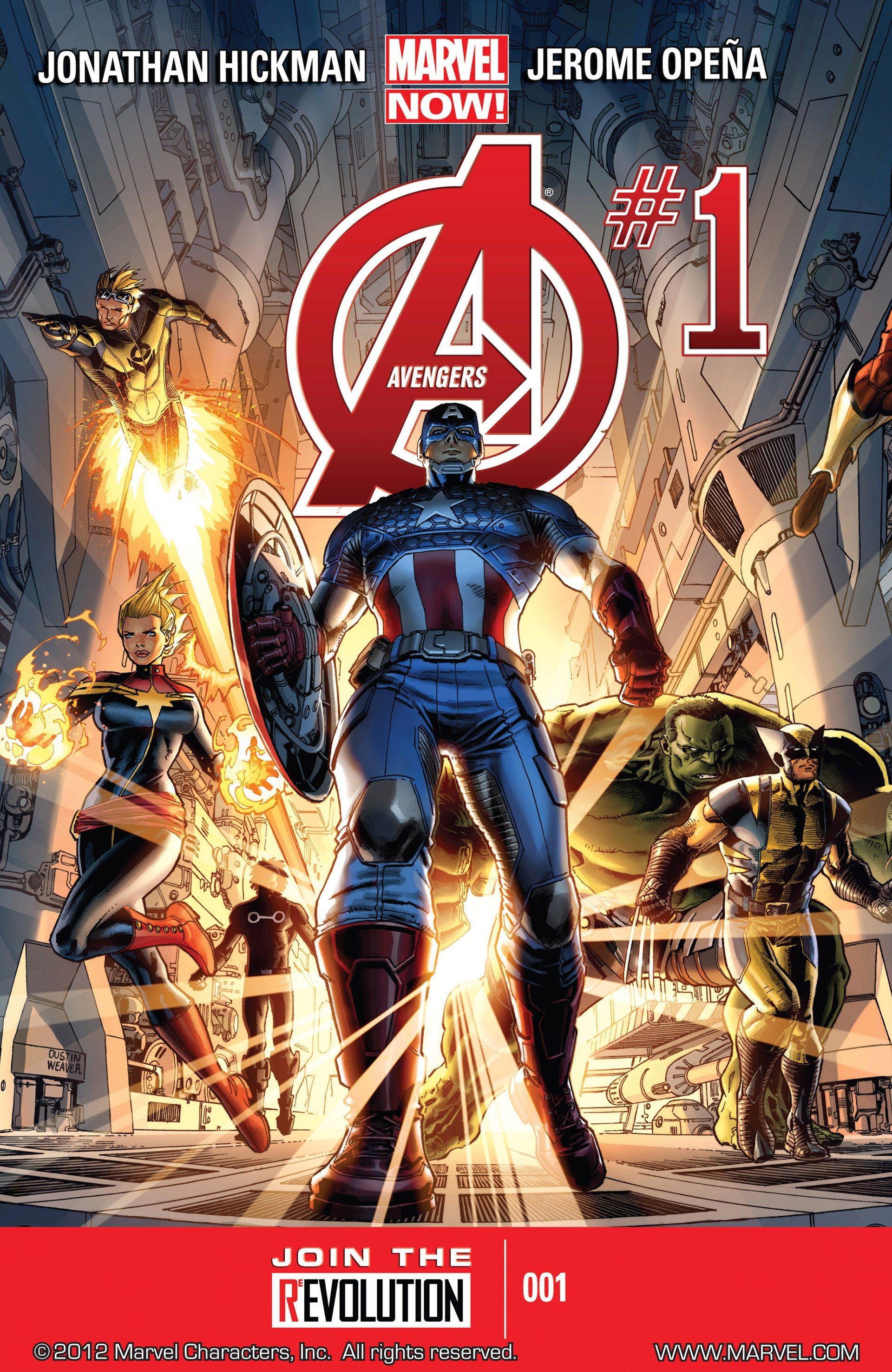 Cover of Hickman's Avengers featuring the avengers including Captain America, Hulk, Captain Marvel