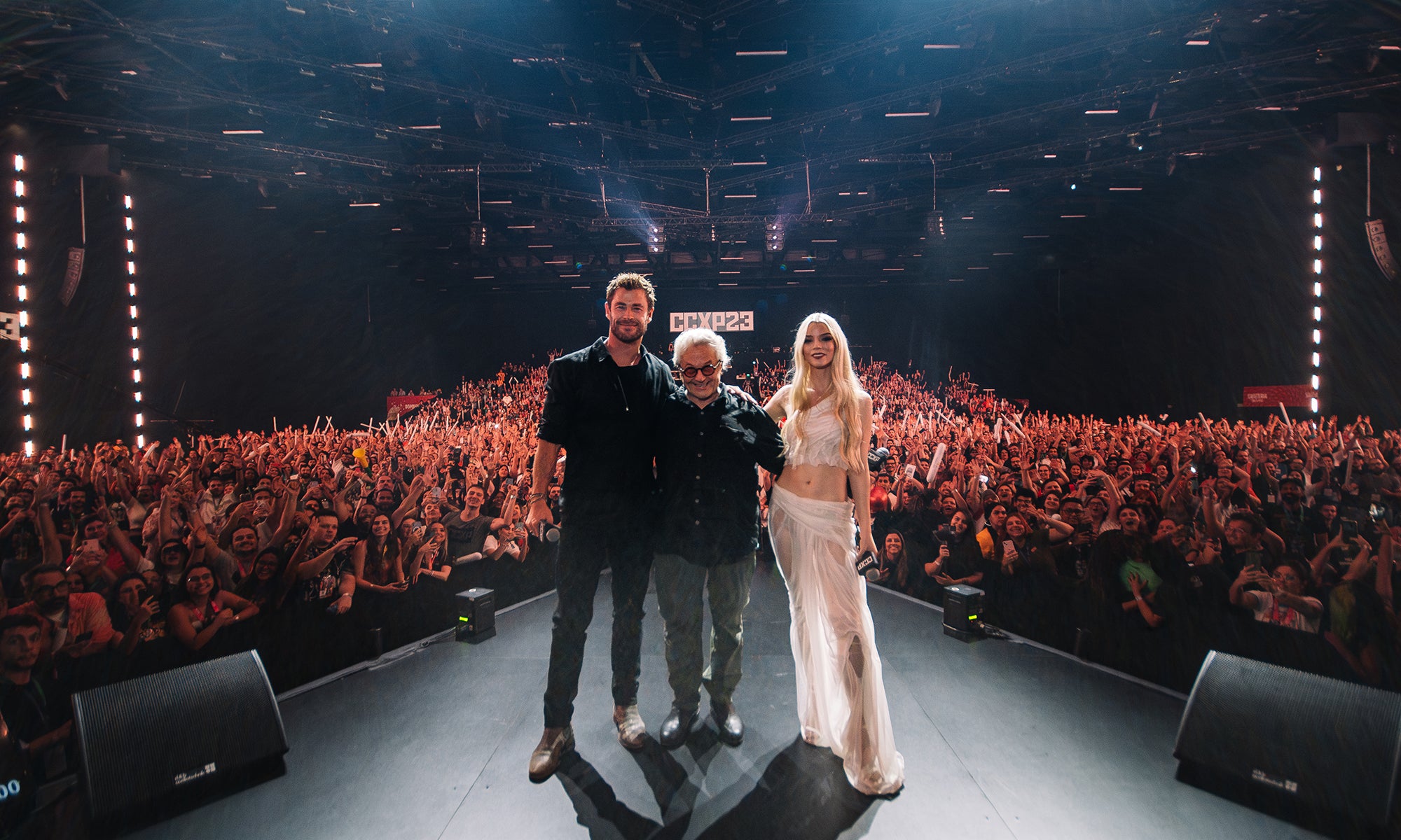 Chris Hemsworth, George Miller, and Anna Taylor-Joy at CCXP 2023