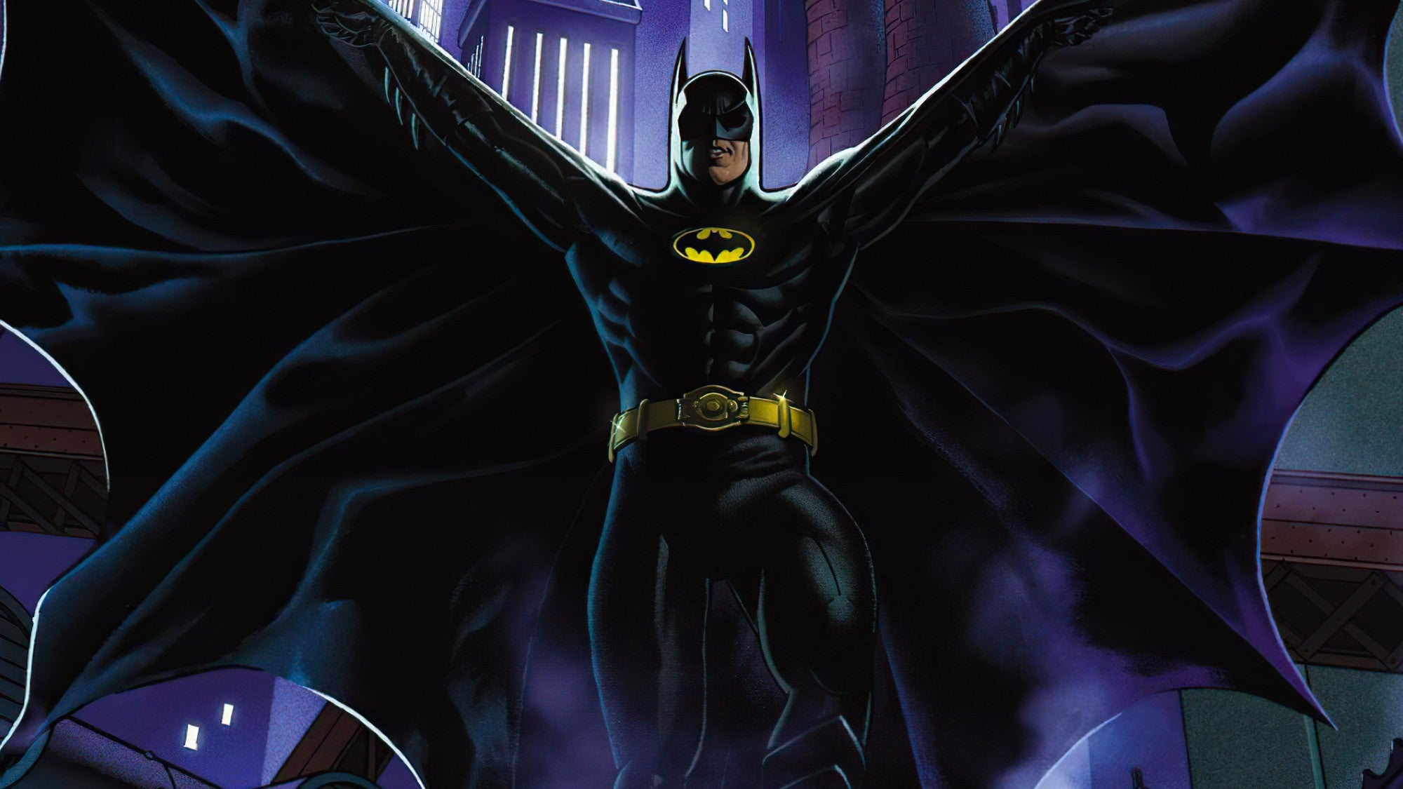 Cropped image of Batman holding his cape out