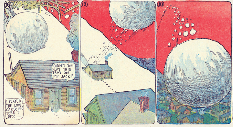 Three comics panel featuring a giant snowball sliding down a snowy hill