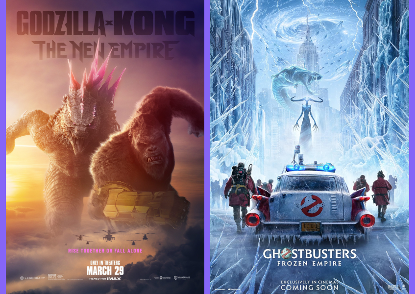 Godzilla x Kong The New Empire poster next to Ghsotbusters Frozen Empire poster