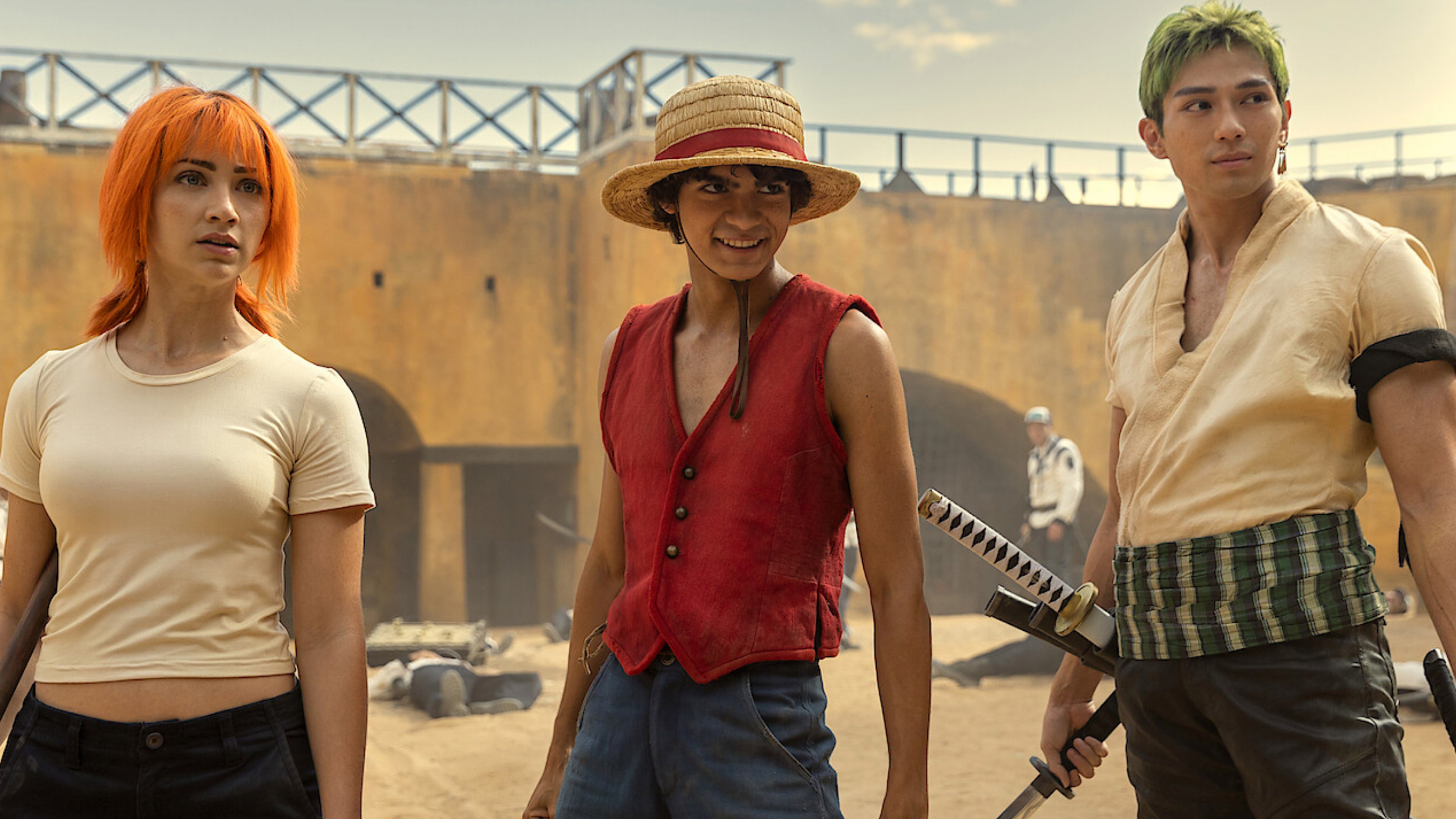 Actors portraying Luffy, Zoro and Nami in Netflix's live action One Piece adaptation.