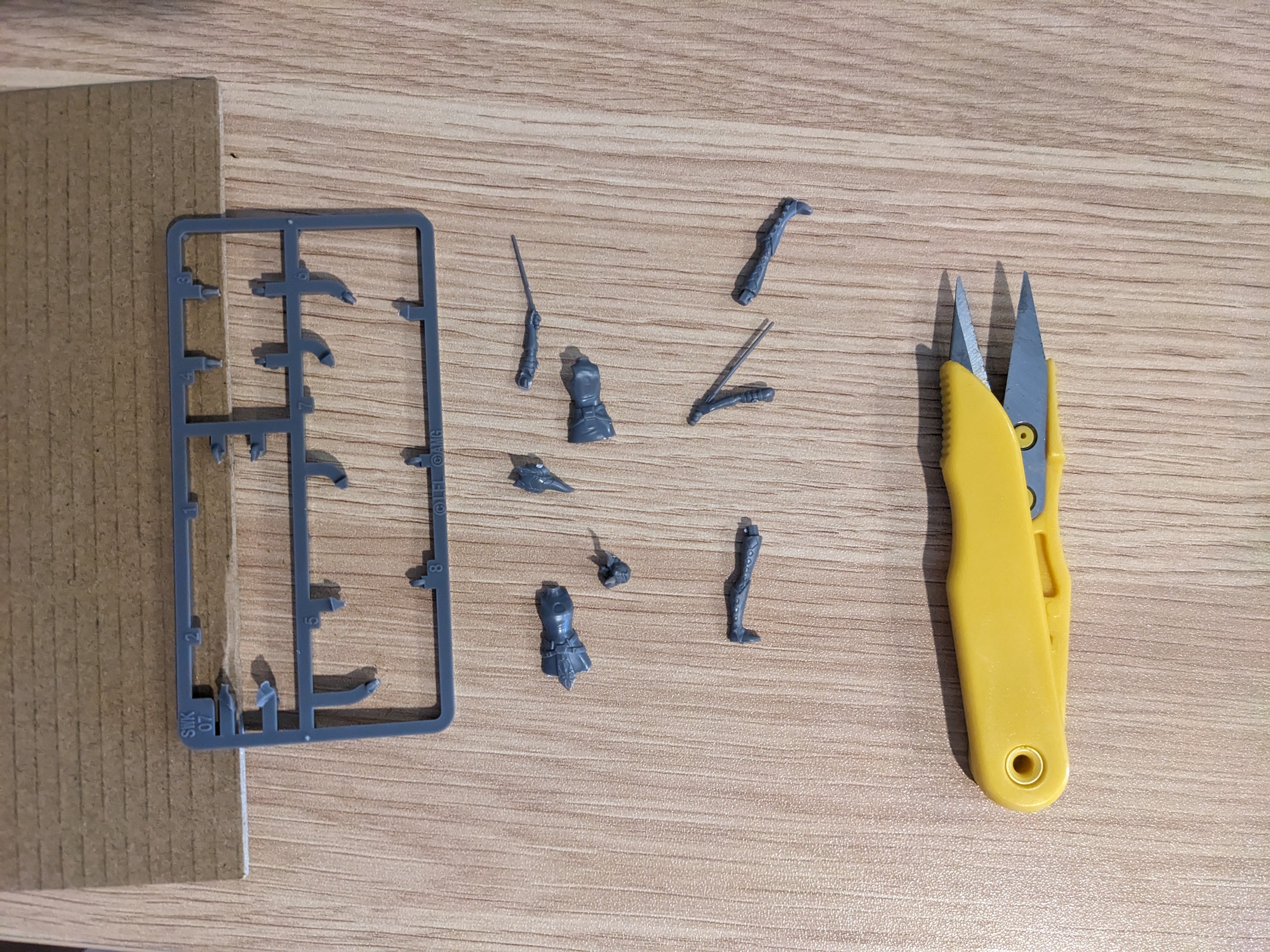 Photograph of a piece of cardboard, a plastic frame and little miniature pieces and clippers