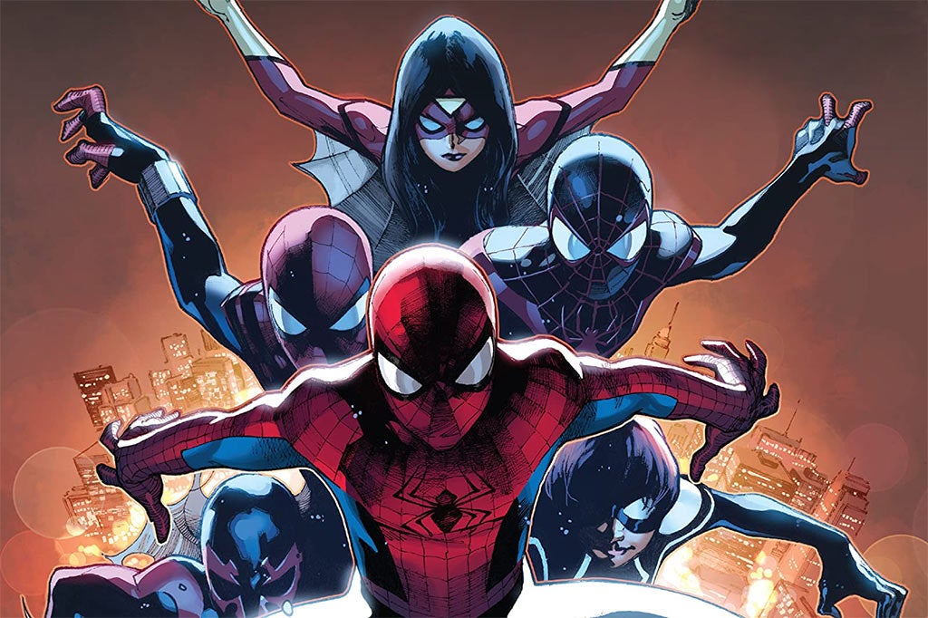 A group Spider-hero image, cropped, featuring multiple heroes