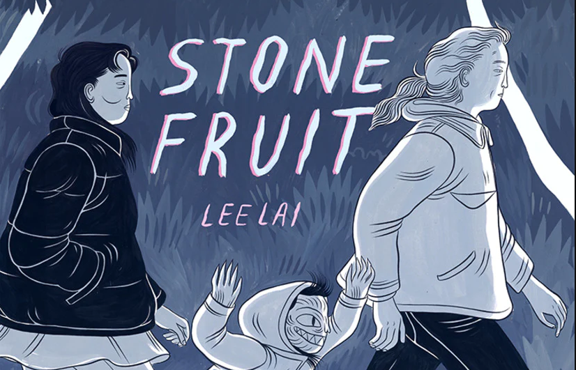 Cropped cover of Stone Fruit, featuring two adults walking with a child.