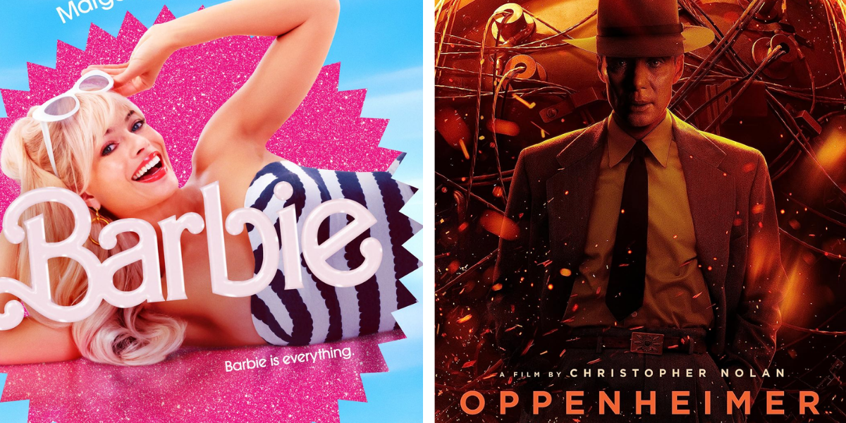 Poster for Barbie next to Poster for Oppenheimer