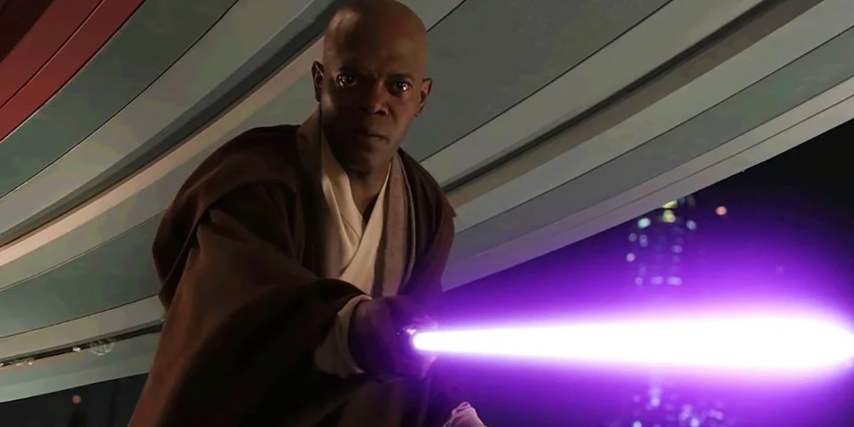 Samuel L Jackson as Mace Windu thrusting his purple lightsaber forward